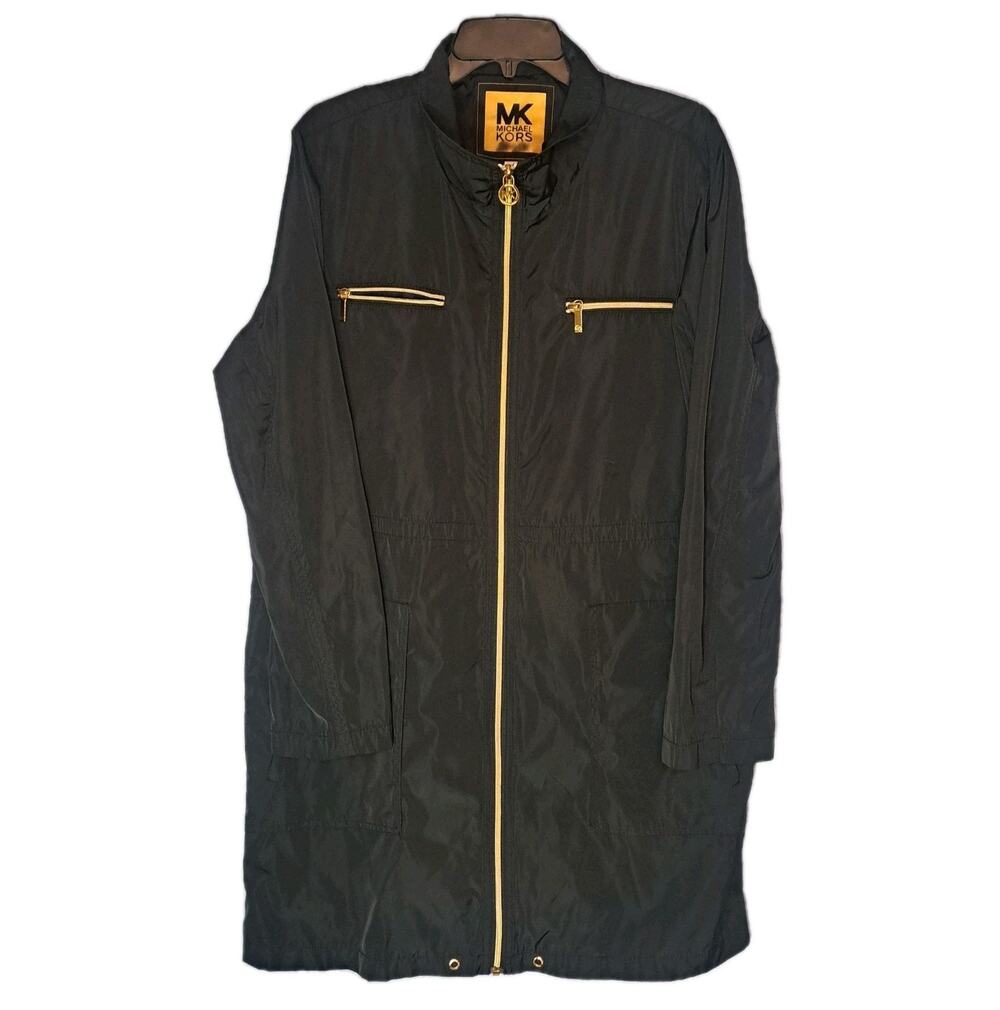 Michael Kors Womens XL Black Gold Zip Long Line Windbreaker Jacket Travel City